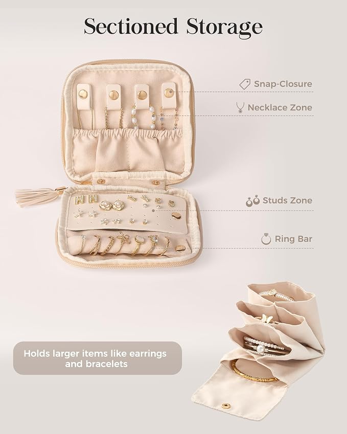 Lolalet Travel Jewelry Case Organizer, Soft Jewellery Pouch -Cloud White | Storage Bag for Traveling Women, with Multi Compartments for Packing Necklaces, Earrings, Bracelets