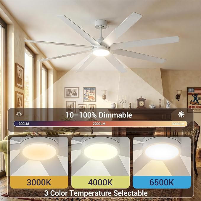 TCL 72 Inch Large Ceiling Fans with Lights and Remote, Quiet Modern Ceiling Fan, 3 CCT Dimmable Remember LED Reversible 8 Dual Side Blades for Living Room Patio Garage (white, 72)
