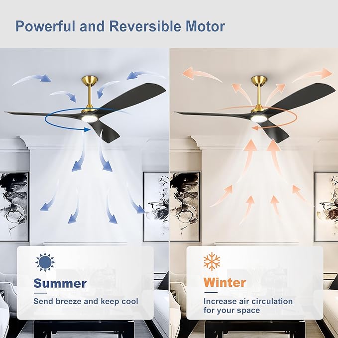 60 Ceiling Fan with Light: Black and Gold Ceiling Fans Reversible 3 Blades 5 Speeds - Modern Ceiling Fan with Remote for Indoor Living Room Bedroom