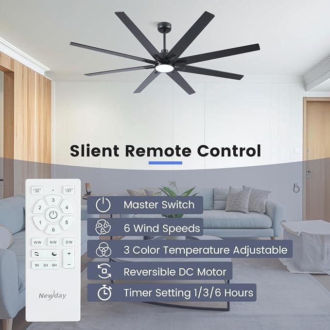 Newday 72 inch Large Ceiling Fans with Lights and Remote, Indoor/Outdoor Black Ceiling Fan for Living Room Patio, 6 Speeds Slient Reversible DC Motor, 3CCT, Timer, 3 Downrods, 8 Blades