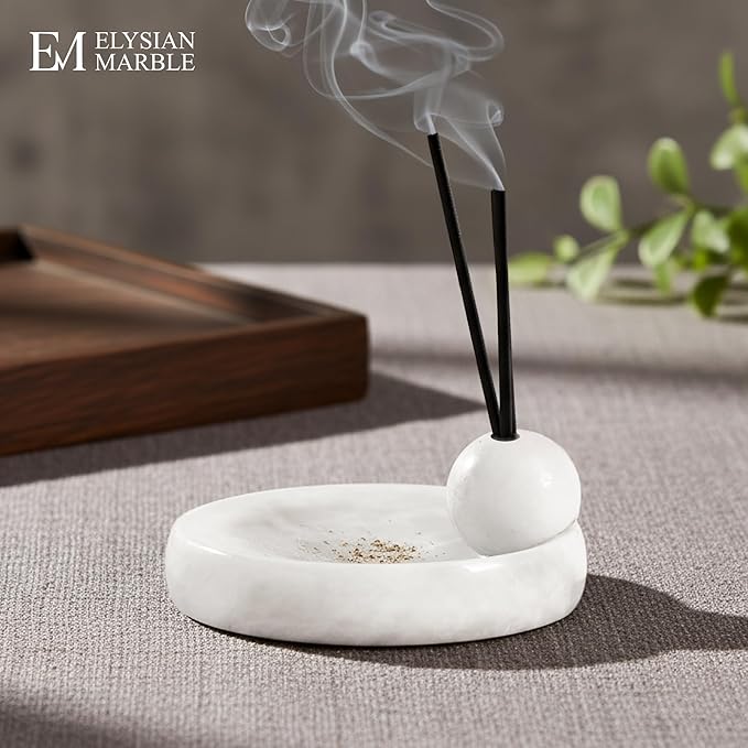 Incense Holder for Sticks, Natural Marble Incense Burner Ash Catcher Plate for Palo Santo, Sage, Meditation, Yoga and Home Decor - White