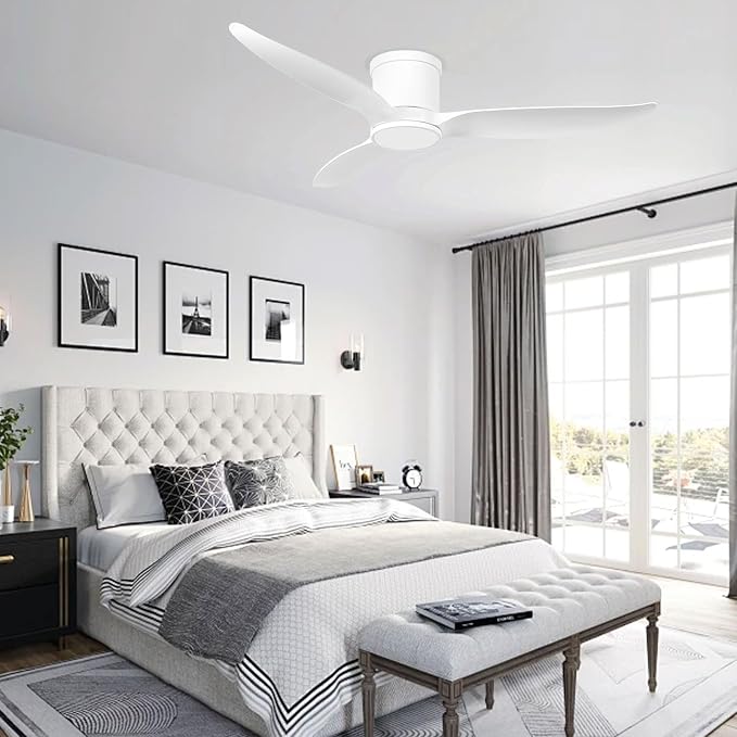 52 Inch Ceiling Fan with Light and Remote, Indoor White Ceiling Fan Low Profile Flush Mount with Dimmable LED Light, Reversible Motor for Bedroom, Living Room