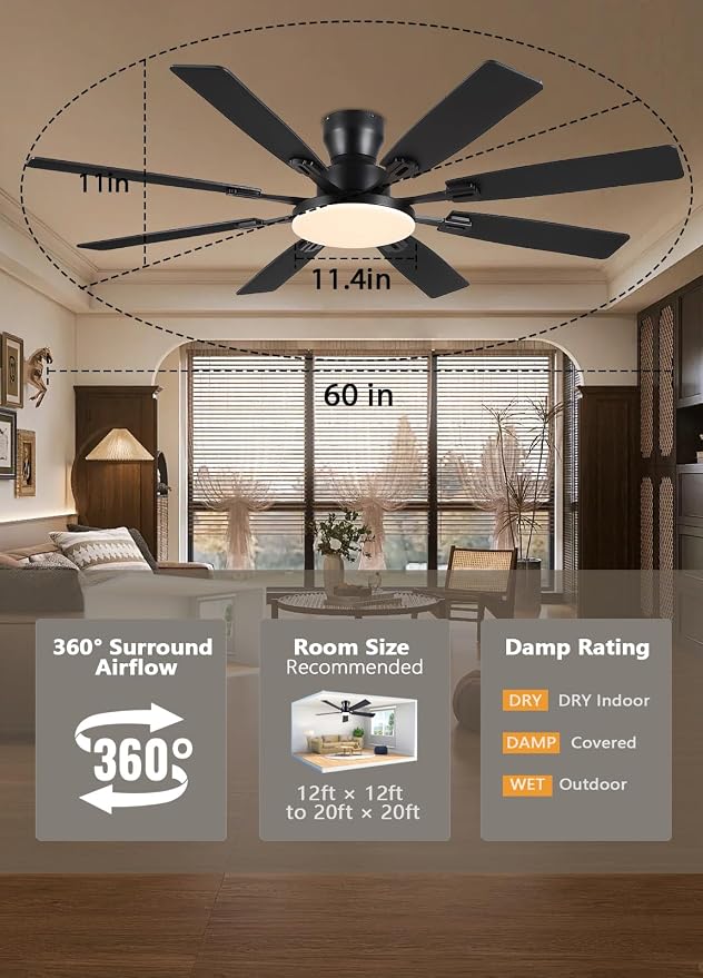 JSAITEE 60Inch Ceiling Fan with Lights Flush Mount Low Profile,Dark Grey | Ceiling Fans,DC Reversible Motor Noiseless, 3CCT Dimmable, Dual Finish, 6 Speeds Ceiling Fan for Indoor/Outdoor