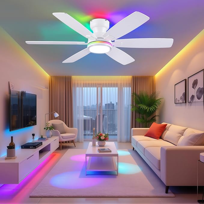 Kviflon 52 in Ceiling Fans with RGB Lights Remote/APP Control, Flush Mount Ceiling Fans, Double-Sided 6 Reversible Blades, RGB Ring Lights+3 CCT Dimmable Lights, Double Lampshade for Bedroom, White