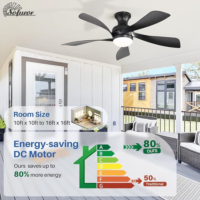Sofucor 42 Inch Low Profile Ceiling Fan with Light, Flush Mount Outdoor Black Ceiling Fan with Remote for Bedroom Living Room Patio, Dimmable LED High Airflow Quiet Reversible DC Motor