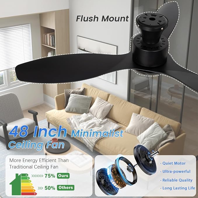 48" Ceiling Fan with Light and Remote, Black Flush Mount Ceiling Fan with 3 Blades,3 Color Dimmable Lights, 6 Speeds, Queit DC Motor, Memory Function, Indoor/Outdoor/Bedroom/Living Room/Patios, Black