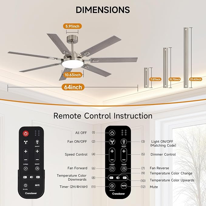64 Inch Ceiling Fans with Lights and Remote, Bedroom Living Room Office Library Cafe Outdoor Industrial, 5CCT Dimmable, Dual Color 7 Blades, 6 Speed Reversible Quiet DC Motor, Sand-nickel/Wood Grain