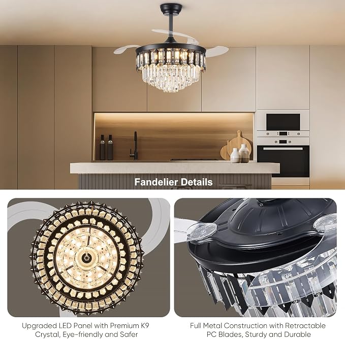 TXCSLY 42" Fandelier Ceiling Fan with Light, Crystal Chandelier Fan with Retractable Blades Dimmable Crystal Ceiling Fan Chandelier for Bedroom Living Room Dining Room-Black
