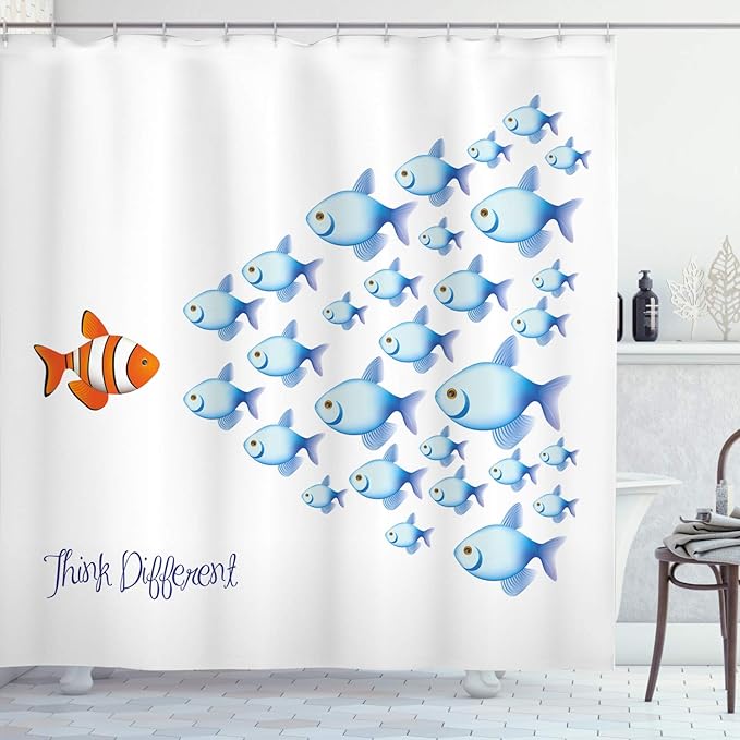 Ambesonne Saying Shower Curtain, Words with Outsider Fish Against All The Others Inspirational Art, Cloth Fabric Bathroom Decor Set with Hooks, 69" W x 84" L, Orange Blue
