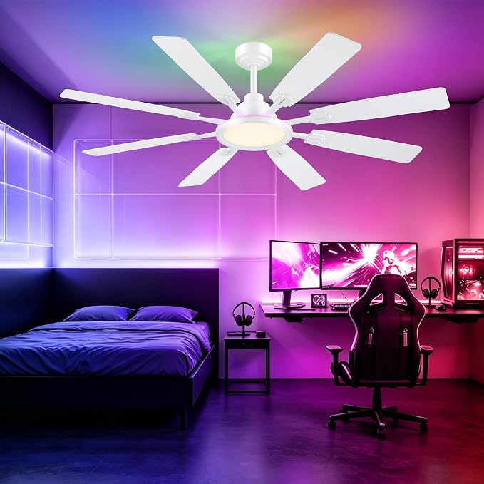 Ceiling Fan With Light & Remote Indoor/Outdoor Use 60 Inch RGB White | Remote Control,RGB Dimmable,Reversible DC Motor,3CCT,Timer,Noiseless,Ceiling Fan for Bedroom Living Room