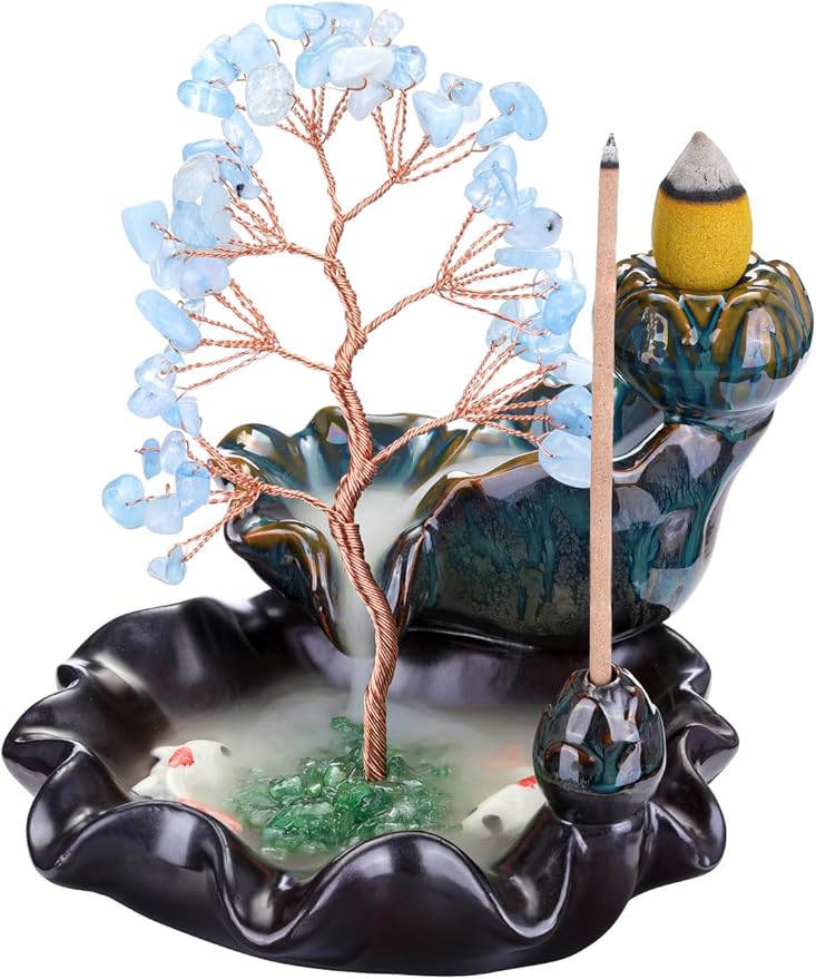 Jovivi Backflow Incense Burner Ceramic Incense Waterfall, Natural Aquamarine Healing Crystal Money Tree Incense Holder for Wealth, Good Luck, Yoga Meditation, Home Decor