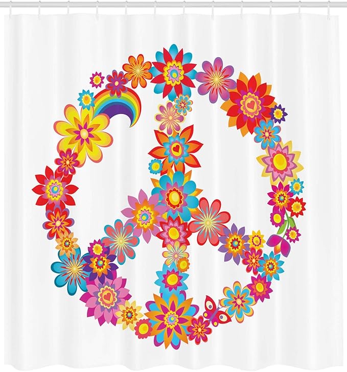 Ambesonne 1960s Shower Curtain, Colorful Peace Flower Nature Youthful Flourishes Happiness Hippie Art, Cloth Fabric Bathroom Decor Set with Hooks, 69" W x 84" L, Blue Red