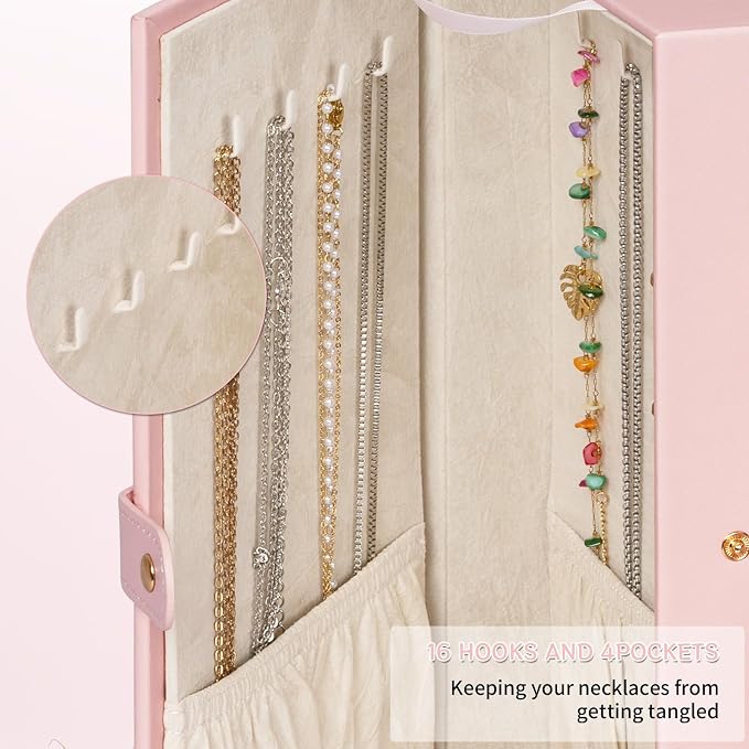 AKOZLIN 6-Tier Jewelry Box Organizer Functional 5 Drawers Leather Jewelry Storage Case for Women Girls Ring Necklace Earring Bracelet Holder Organizer with Mirror Extra Large Champagne Pink