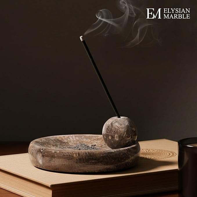 Incense Holder for Sticks, Natural Marble Incense Burner Ash Catcher Plate for Palo Santo, Sage, Meditation, Yoga and Home Decor - Oceanic Grey