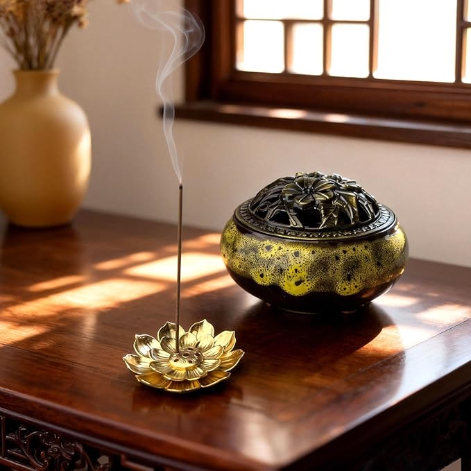 Ceramic Incense Burner, Bowl Burner,Cone Incense Burner with Brass lid for use with Stick or Cone-Shaped Incense，Lotus Incense Stick Holder Calabash Incense Stick Holder, 3pc (Fambe Yellow)