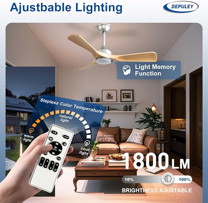 Depuley 42-Inch Ceiling Fan with Light: Wood 3 Blade Outdoor Fans for Patios - Dimmable Indoor Ceiling Fan with Remote Control Fandelier Ultra Quiet DC Motor Reversible 6 Speed Timer