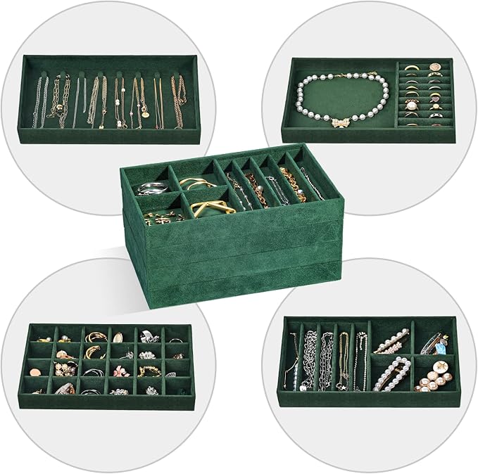 ProCase Stackable Jewelry Organizer Trays for Drawers, Jewelry Drawer Inserts Container Display Case Storage for Earring Necklace Rings Bracelet with Removable Dividers -Green, 4 Layers