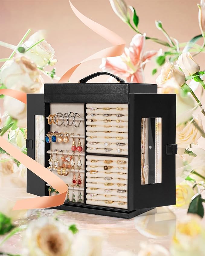 AKOZLIN 6-Tier Jewelry Box Organizer Functional 5 Drawers Leather Jewelry Storage Case for Women Girls Ring Necklace Earring Bracelet Holder Organizer with Mirror XL Black 360° Rotating