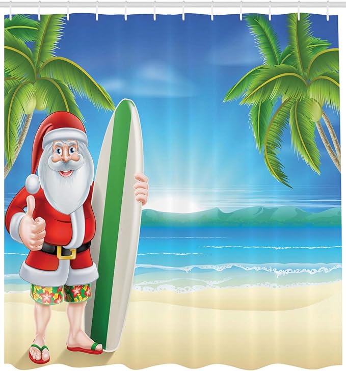 Ambesonne Christmas Shower Curtain, Santa Claus with Trunks on The Beach and Surfboard Sunny Hot Christmas Theme, Cloth Fabric Bathroom Decor Set with Hooks, 69" W x 70" L, Blue Green