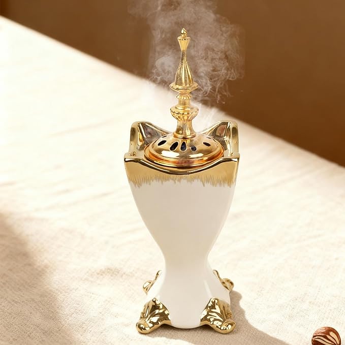 Ceramic Bakhoor Incense Burner - Tranditional Golden Bakhoor Burner - for Yoga, Spa, Aromatherapy, Office & Home Decor