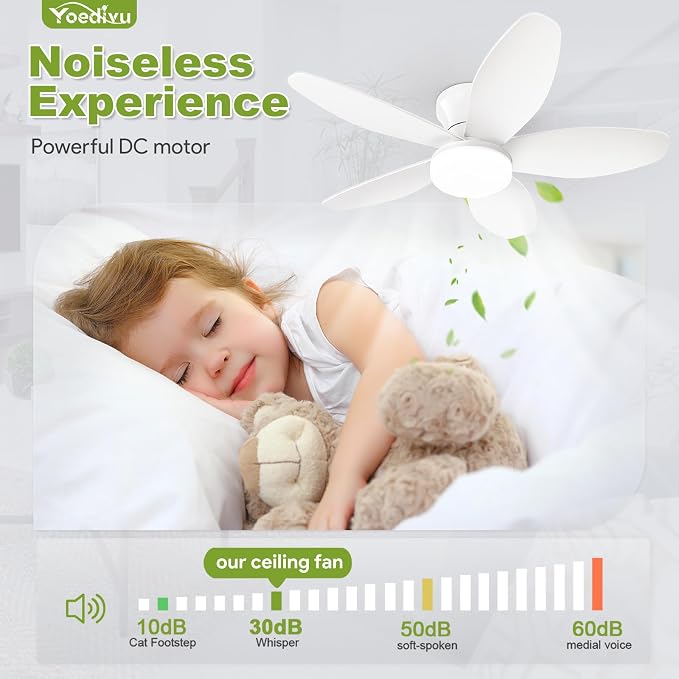 Small Ceiling Fans, 35 Inch Low Profile Ceiling Fan White Flush Mount Ceiling Fans with Lights and Remote,with 5 Reversible Blades 6 Wind Speeds, Modern Ceiling Fan for Bedroom Kitchen