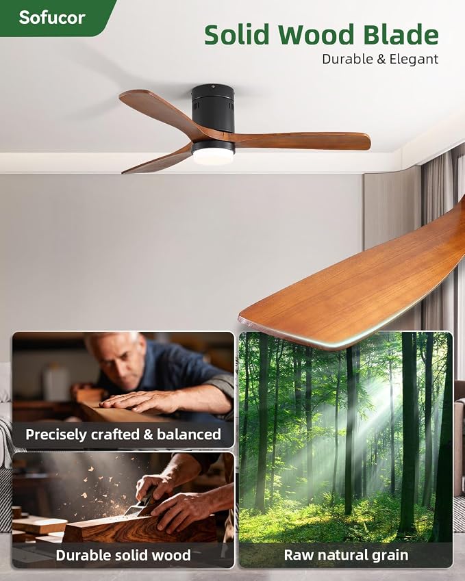 Sofucor 52 Inch Ceiling Fans with Lights and Remote, Low Profile Flush Mount Solid Wood Modern Outdoor Ceiling Fan for Bedroom/Living Room/Patio/Farmhouse, Quiet Reversible DC Motor, Dimmable LED
