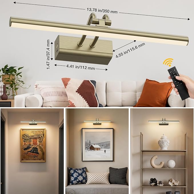 Picture Light for Wall, Antique Brass, Battery Operated