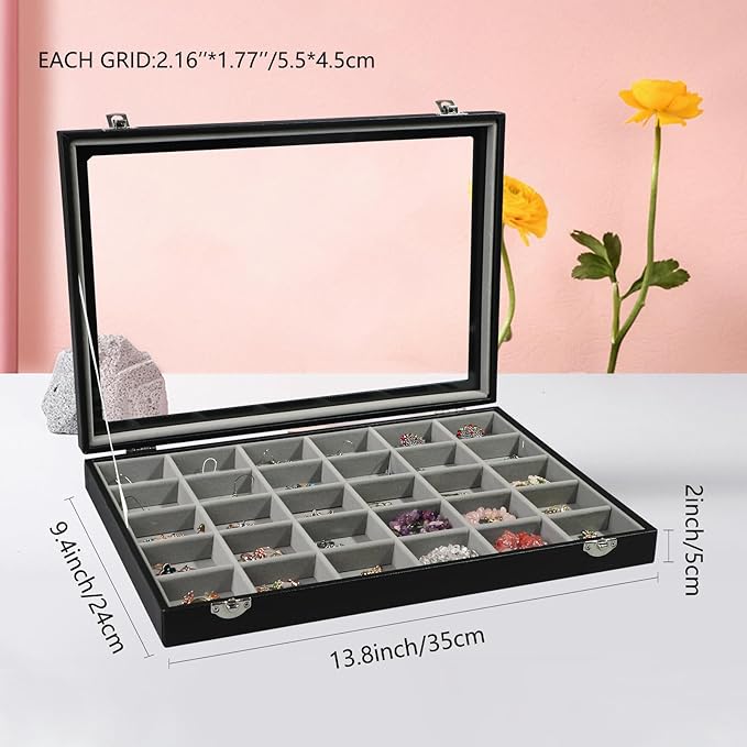 Stratalife 30 Grid Earring Organizer, Jewelry Holder Organizer with Lid | PU Leather Storage Box for Earring, Ring, Studs and Trinkets, Soft Velvet Drawer Organizer for Women, Dustproof, Gray Black