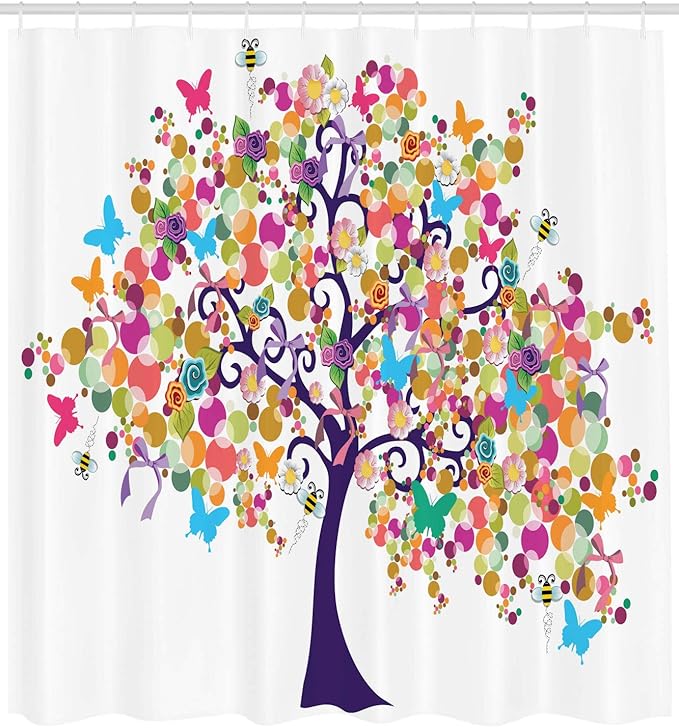 Ambesonne Tree of Life Shower Curtain, Abstract Ornamental Spring Branches of Flowers and Butterflies Happy Season Concept, Cloth Fabric Bathroom Decor Set with Hooks, 69" W x 75" L, Indigo Magenta