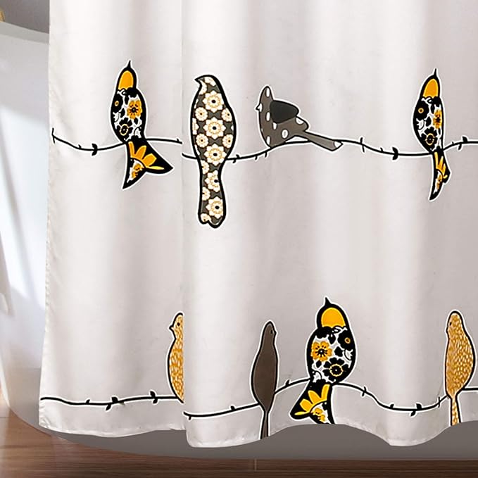 Lush Decor Rowley Birds Shower Curtain, 72” W x 72” L, Yellow & Gray - Colorful Floral Bird Pattern - Whimsical & Playful Bird Shower Curtain - Farmhouse, Coastal, & Boho Bathroom Decor