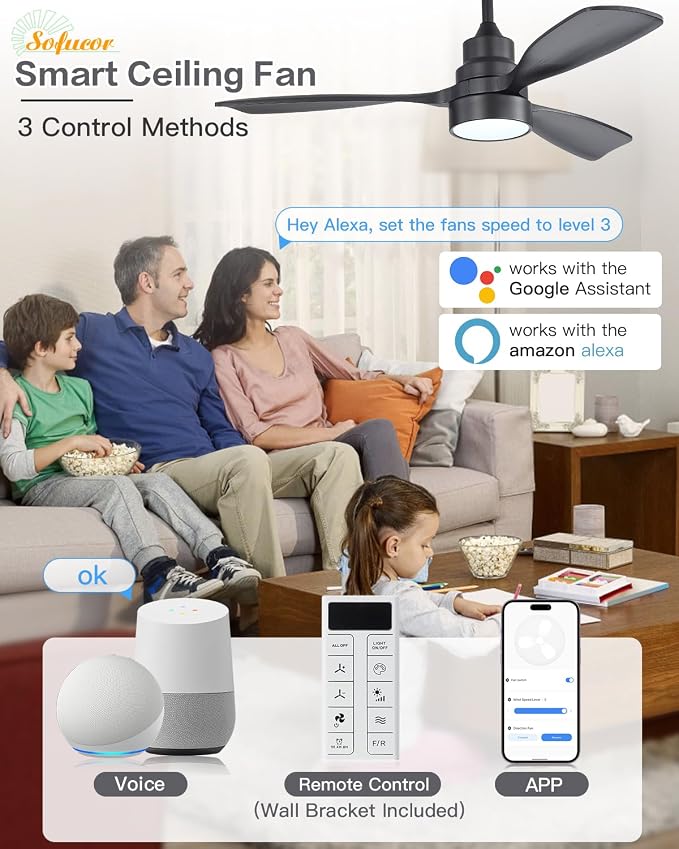 Sofucor 48 Inch Smart Ceiling Fans with Lights-Flush Mount & Downrod Mount Modern Outdoor Ceiling Fans with Alexa/Google Assistant/APP/Remote Control for Bedroom/Farmhouse/Patio, Black