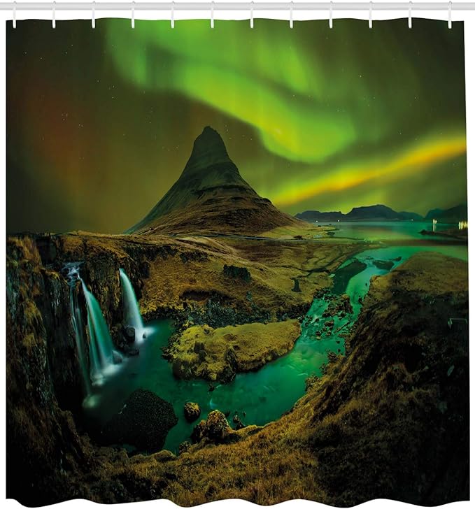 Ambesonne Aurora Borealis Shower Curtain, Pale Weather Over The Hills Waterfall Creek Nature Landscape, Cloth Fabric Bathroom Decor Set with Hooks, 69" W x 84" L, Fern and Olive Green