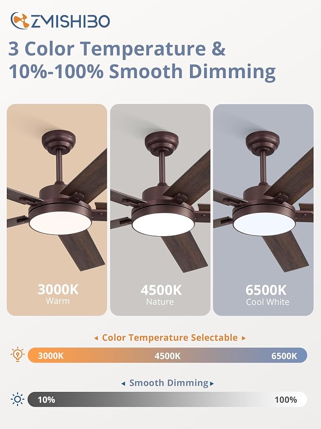 ZMISHIBO 60" Ceiling Fan with Light, 30W LED, Smart Remote/APP, Oil Bronze | Modern Ceiling Fans, 6 Speeds & 3CCT Dimmable, Quiet DC Motor, Noiseless for Living Room, Bedroom, Kitchen