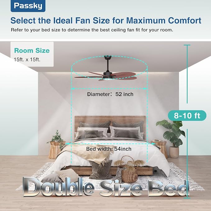 Passky Ceiling Fans with Lights, 52 inch Tropical Ceiling Fan with Light and Remote Control, 3CCT, Dimmable, Reversible, Noiseless, Banana-leaf Shape Ceiling Fan for Bedroom, living room, Coverd Patio