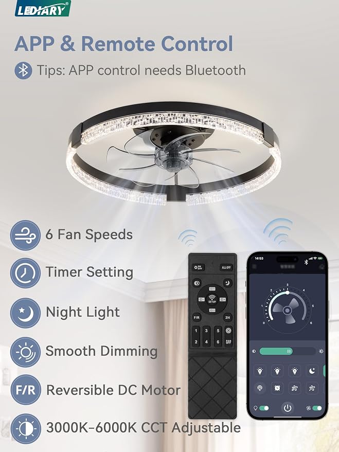 LEDIARY Ceiling Fans with Lights, Low Profile Flush Mount Ceiling Fan, Dimmable LED, APP & Remote Control, Quiet Reversible DC Motor, 6 Speeds, Fandelier for Bedroom (Black, 19.7 inch)