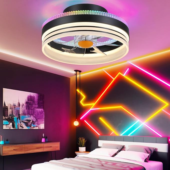 Mpayel RGB Ceiling Fans with Lights, 13" Low Profile Ceiling Fan with Light and Remote, 3000-6000K Dimmable Modern Black Flush Mount LED Fan Light for Bedroom, Living Room, Kitchen