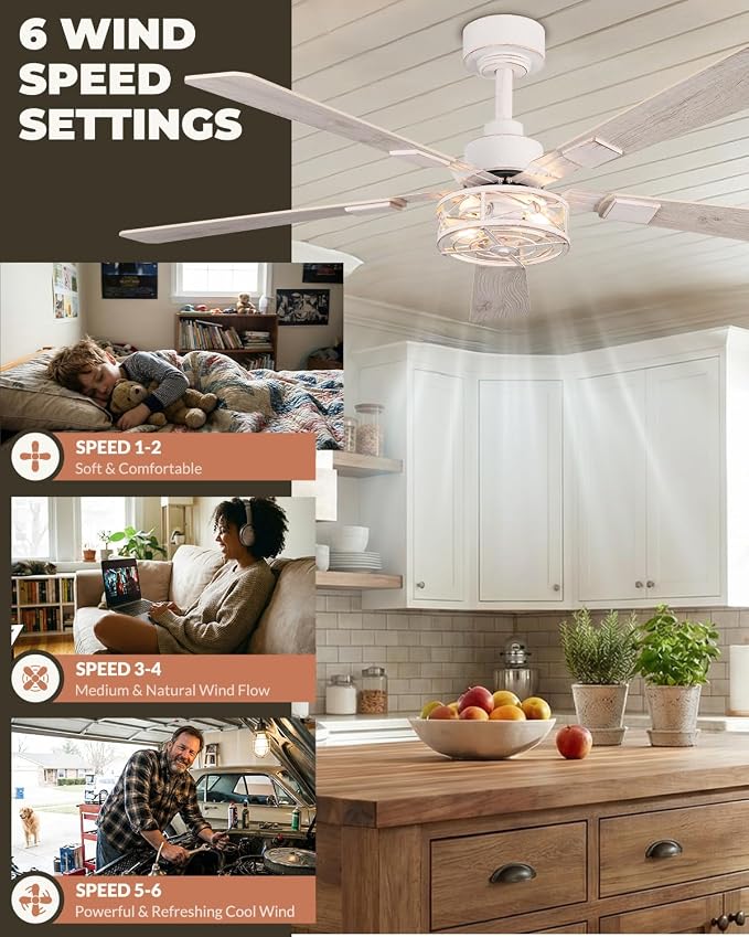 52 Inch Ceiling Fans with Lights and Remote, Modern 6 Speeds Bladeless Caged Flush Mount Ceiling Fan for Living Room Bedroomm, E12 Base, Quiet and Reversible DC Motor, White