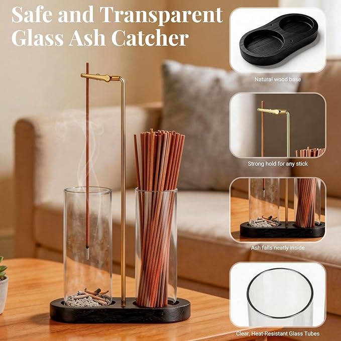 Glass Incense Holder, 2 in 1 Hanging Incense Burner Holder with Ash Catcher & Storage | Cute Boho Decor for Meditation, Yoga, Spa | Stick Incense Holder, Incense Tray Alternative Censer (Black)