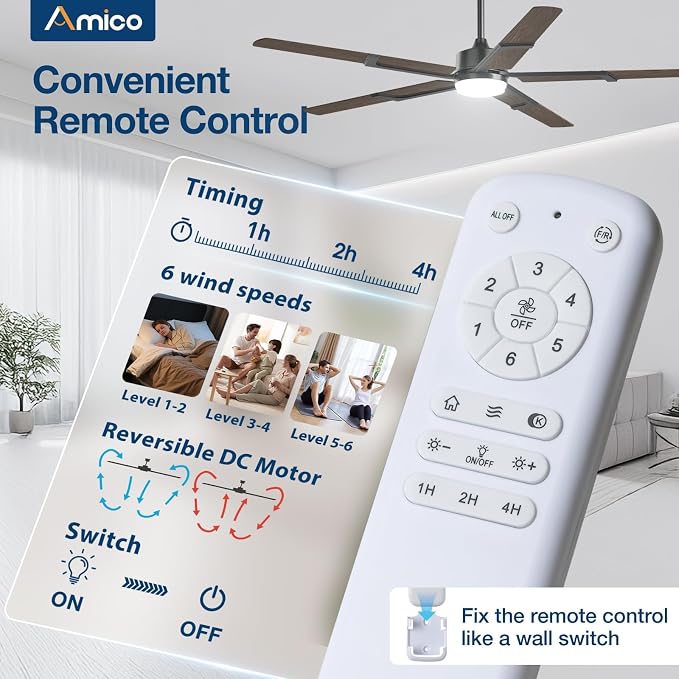 Amico Ceiling Fans with Lights and Remote, 62 Inch Walnut Indoor/Outdoor Ceiling Fan with 6 Speed, Reversible DC Motor, 3CCT, Dimmable, Noiseless modern ceiling fan for Bedroom, Living Room, Patio