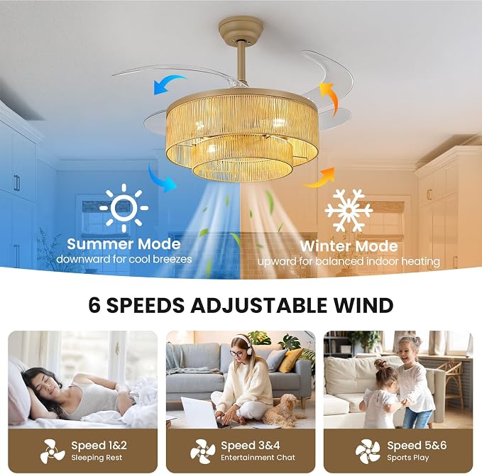 RUIYEY Retractable Ceiling Fans with Lights: 20 inch Low Profile Ceiling Fans with Remote Control, 4 Blades 6 Speeds DC Reversible LED Flush Mount Rattan Ceiling Light Fixtures for Bedroom Kitchen