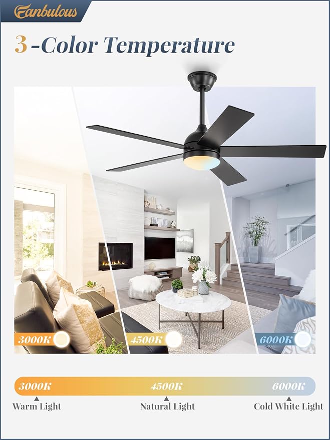 Fanbulous 48 Inch Ceiling Fan with Light and Remote, Black Ceiling Fans with Light, 5 Dual-Color Blades, Reversible Quiet DC Motor, 6 Speeds, 3CCT Adjustable LED for Bedroom Living Room Kitchen Patio