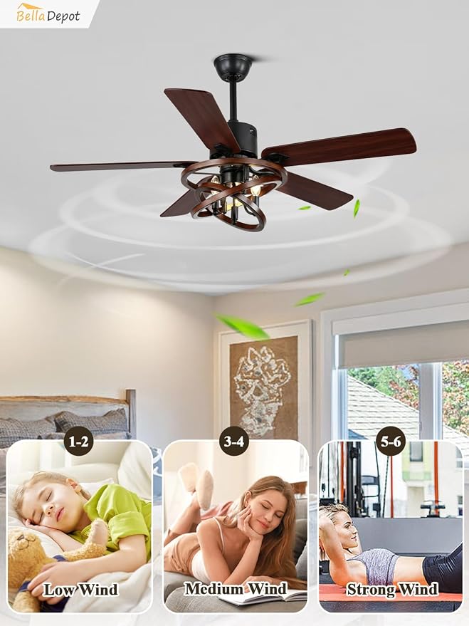 Bella Depot 52 Inch Farmhouse Ceiling Fan Chandelier with LED Light, 6-Speed, Reversible, Timer, Remote Control for Large Living Room, Covered Patio