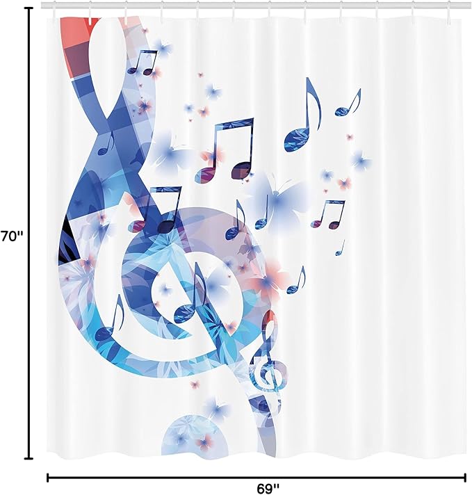 Ambesonne Music Shower Curtain, G-Clef Key Instrument Creative Rhythmic Ornate Motifs Digital Design Print, Cloth Fabric Bathroom Decor Set with Hooks, 69" W x 70" L, Ceil Blue