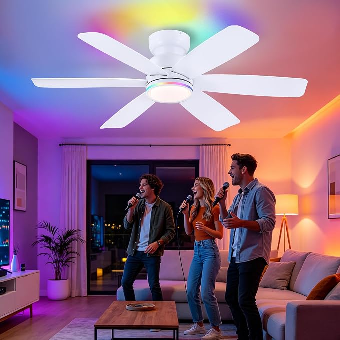 Kviflon 46" Modern Ceiling Fans with RGB Lights Remote/APP Control, Low Profile Flush Mount Ceiling Fan, 6 Reversible Plastic Blades 6 Speeds, RGB + 3 CCT Dimmable Lights for Bedroom Kidsroom, White