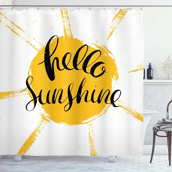 Ambesonne Hello Sunshine Shower Curtain, Vintage Composition with Words and Grunge Sun, Cloth Fabric Bathroom Decor Set with Hooks, 69" W x 70" L, Earth Yellow Grey
