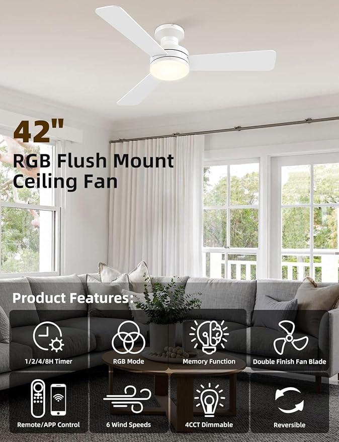42 inch RGB Ceiling Fan with Light, Smart App & Remote Control Low Profile Flush Mount, Music Sync Lighting, 6-Speed Quiet Reversible DC Motor, 4CCT Dimmable for Home Office Party,White