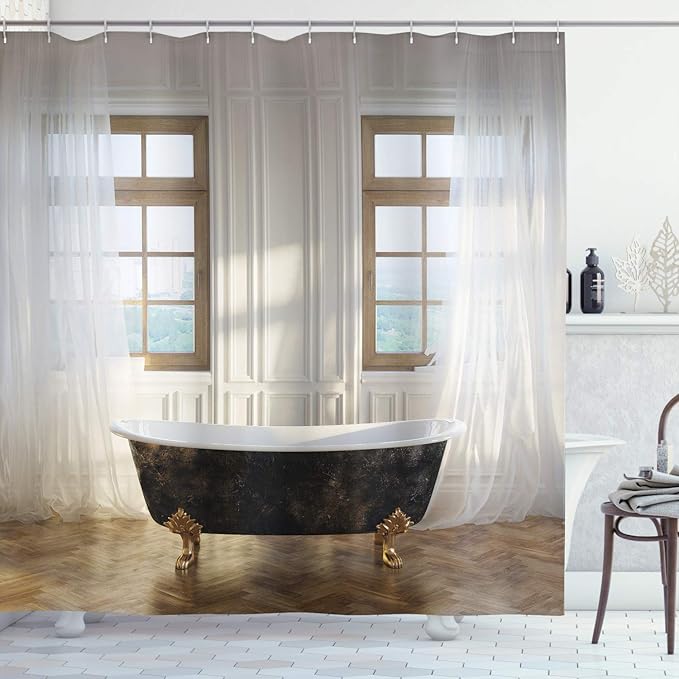 Ambesonne Antique Shower Curtain, Retro Bathtub in Modern Room Interior Hardwood Classics Space Design, Cloth Fabric Bathroom Decor Set with Hooks, 69" W x 70" L, White Black Pale Brown