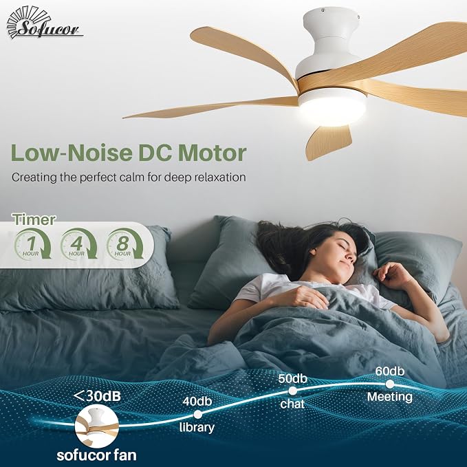 Sofucor 42 Inch Low Profile Ceiling Fan with Light, Modern Flush Mount Outdoor Ceiling Fan with Remote for Bedroom Living Room Patio, Dimmable LED High Airflow Quiet Reversible DC Motor
