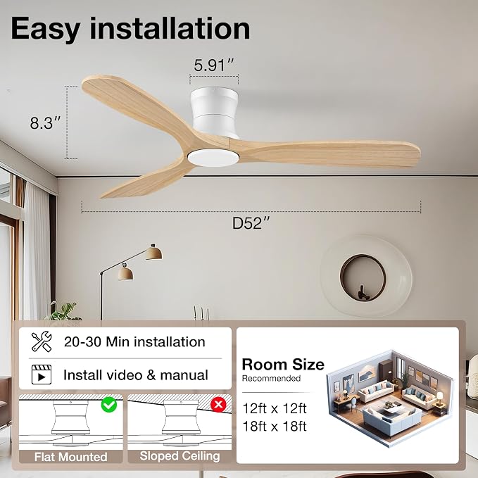 52” Wood Ceiling Fans with Lights Remote,Low Profile Flush Mount Ceiling Fan with Light,Outdoor Indoor Modern Ceiling fans for Bedroom Living room Patio,Light Wood&White,3 Blades,Dimmable LED,Quiet
