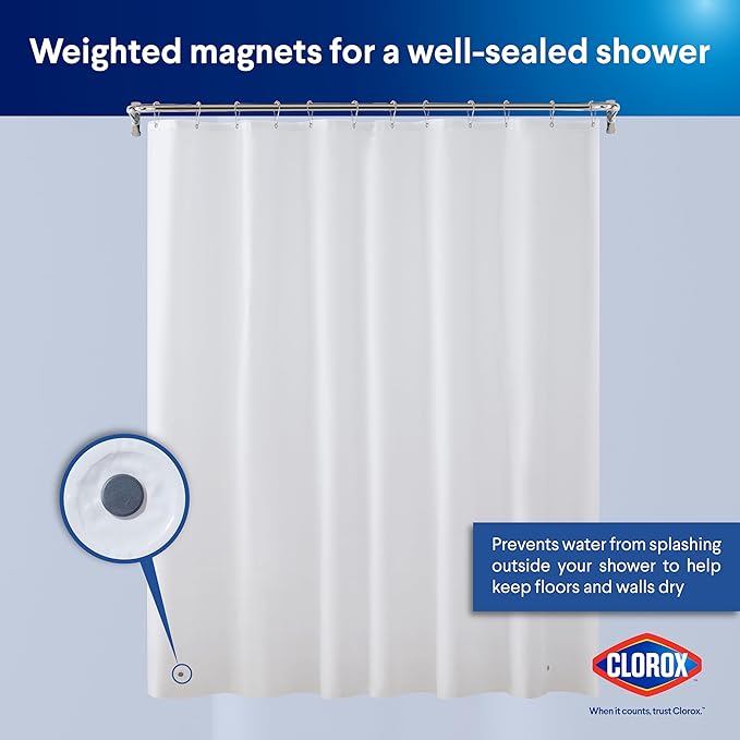 Clorox Shower Curtain Liner, Premium Lightweight Flexible Waterproof 3g PEVA for Bathroom with Weighted Magnets, Standard Size 70" x 72", White 2 Pack